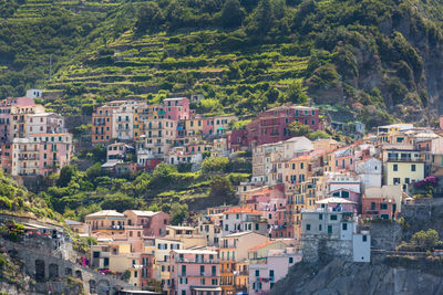 High angle view of buildings in city