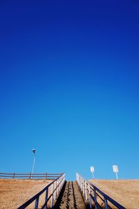 High section of built structure against clear blue sky