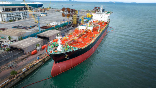 High angle view of boats in sea