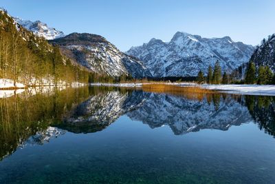 Scenic view of lake and mountains against sky