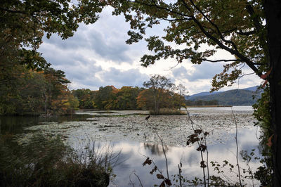 Scenic view of lake against cloudy sky