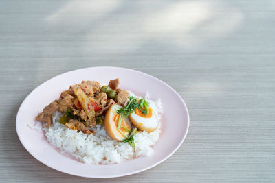 High angle view of meal served on table