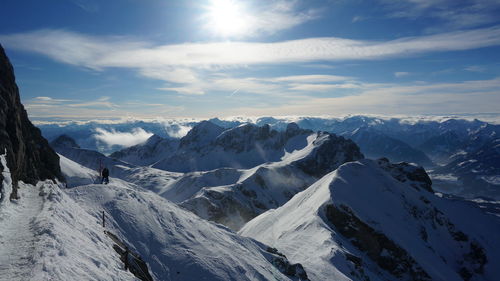 Scenic view of snowcapped mountains against sky