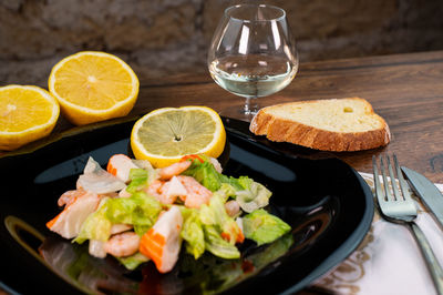 High angle view of meal served on table