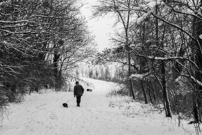 Rear view of people walking on snow covered land