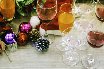 High angle view of wine glasses on table