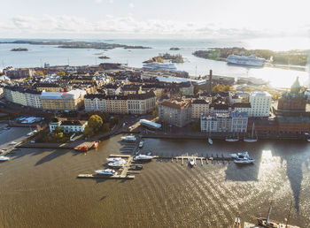 Aerial view of center of helsinki in autumn with the baltic sea