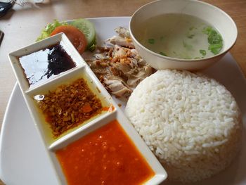 High angle view of meal served on table