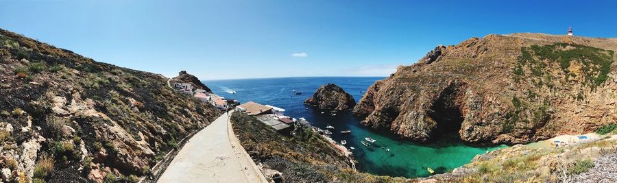 Panoramic view of sea and mountains against blue sky