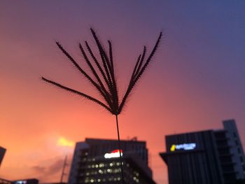 Illuminated city against sky at sunset