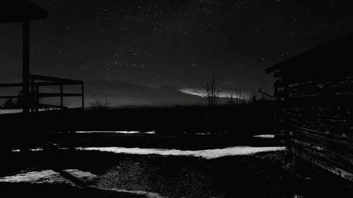 Snow covered landscape against sky at night