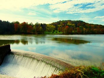 Scenic view of lake in forest against sky