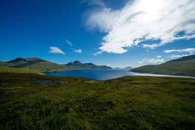 Scenic view of sea and mountains against blue sky