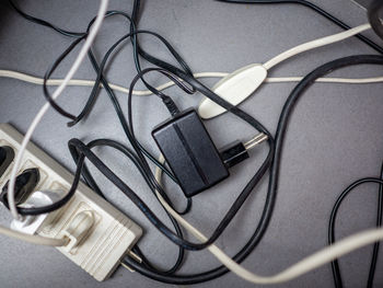 High angle view of telephone booth on table