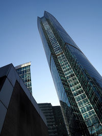 Low angle view of modern building against clear sky