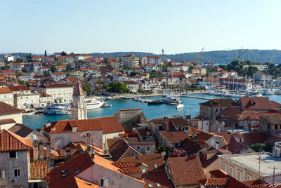 Aerial view of trogir old town, unesco heritage site, shot from the bell tower of leonard cathedral