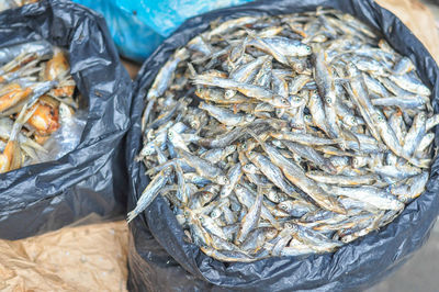 High angle view of fish for sale in market