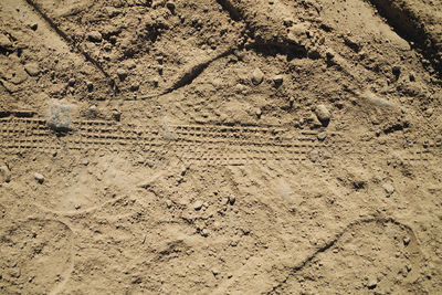 High angle view of footprints on sand