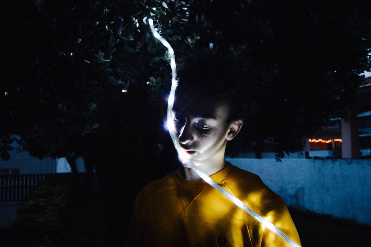 tree, night, one person, young adult, young women, outdoors, spooky, illuminated, real people, halloween, nature, people