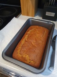 High angle view of bread in plate on table