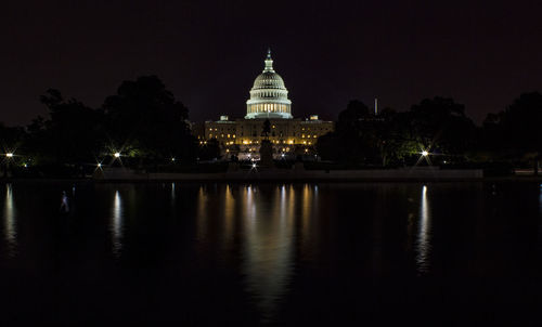 Reflection of buildings in water at night