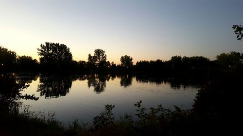 Reflection of trees in calm lake at sunset