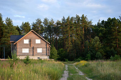 Abandoned wooden house among green forest.summer.road.grass.blue sky.roof.one house.