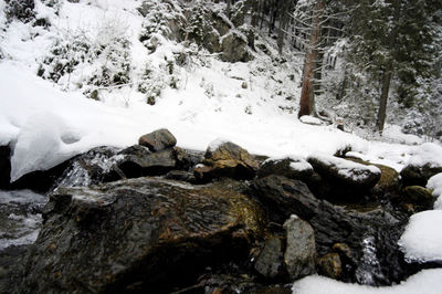 Scenic view of stream flowing through rocks during winter