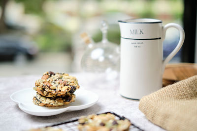 High angle view of breakfast served on table