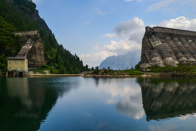 Panoramic view of lake by building against sky