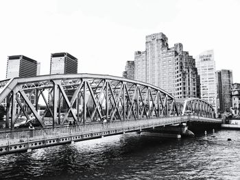 Bridge over river with city in background