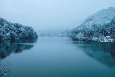 Scenic view of lake against sky during winter