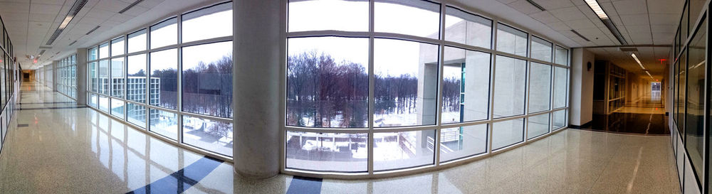 Panoramic view of hallway in building