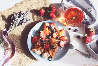 High angle view of breakfast served on table