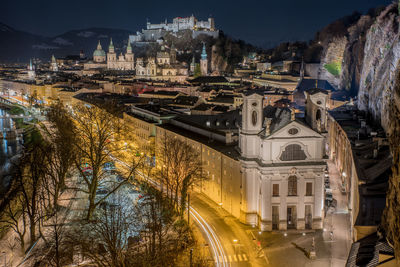 Illuminated buildings in city at night