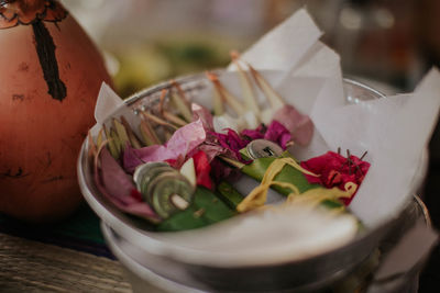 High angle view of chopped vegetables on table