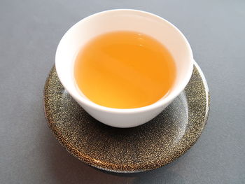 High angle view of tea in cup on table