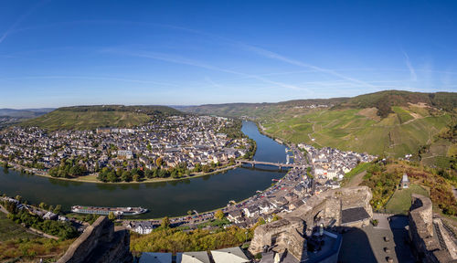 High angle view of river amidst buildings in city