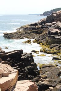 Rocks on beach against clear sky