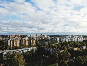 High angle view of buildings in city