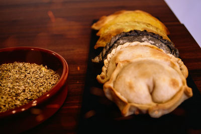 High angle view of bread in bowl on table