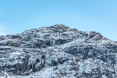 Low angle view of snowcapped mountain against blue sky