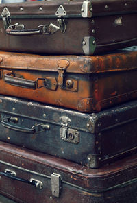 Close-up of old suitcases