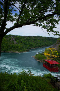 Scenic view of river by trees against sky