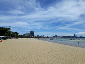 Scenic view of beach against sky in city