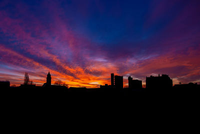 Silhouette buildings against sky during sunset