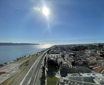 High angle view of city on sunny day