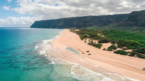 Scenic view of sea and mountains against sky