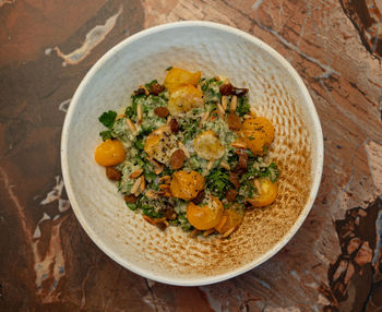 High angle view of food in bowl on table