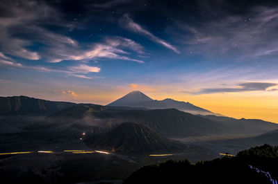 Idyllic view of mt bromo and mt semeru against sky at dusk